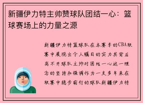 新疆伊力特主帅赞球队团结一心：篮球赛场上的力量之源