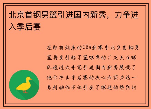 北京首钢男篮引进国内新秀，力争进入季后赛